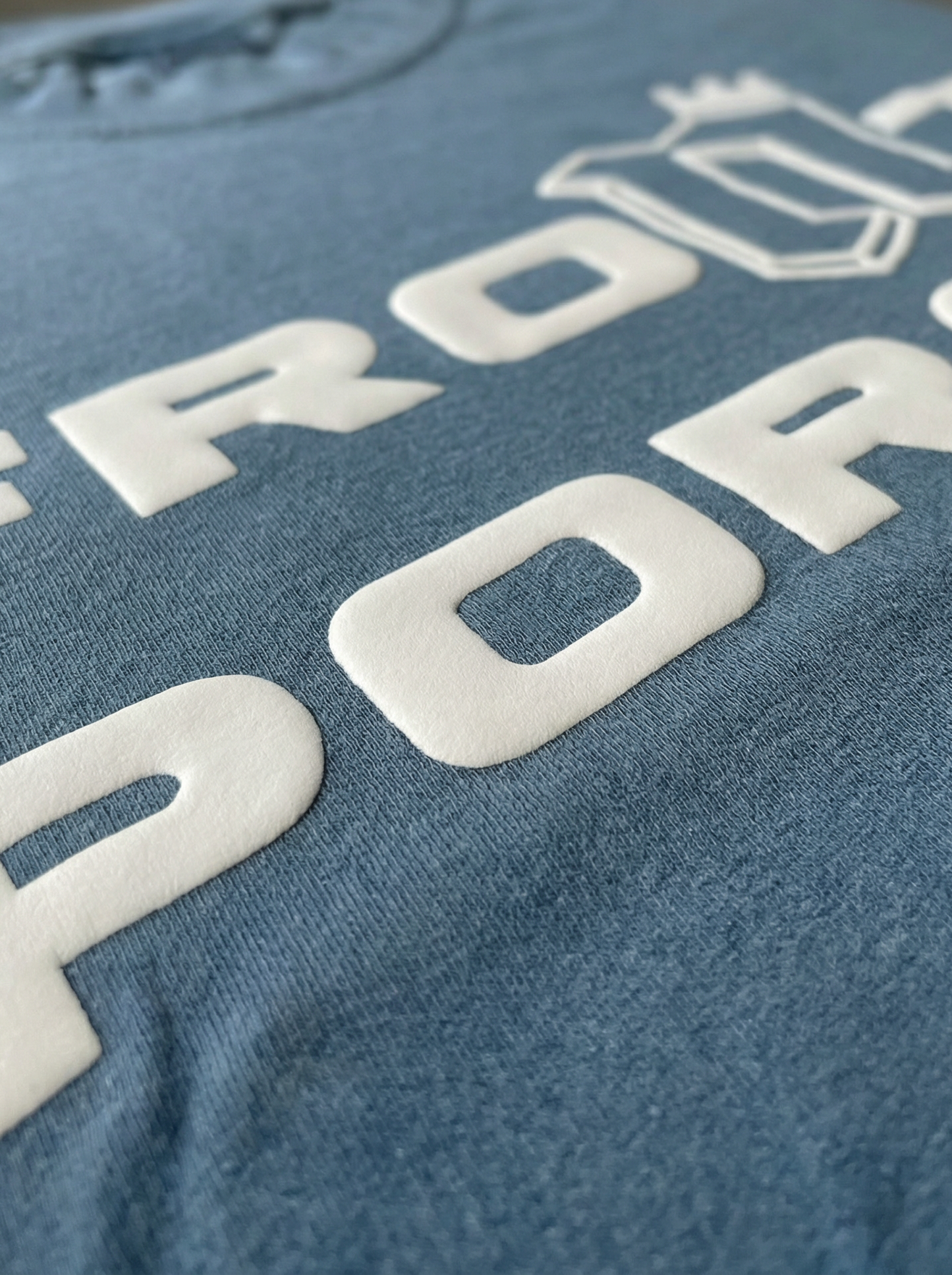 Front Porch Freestyles Blues Tee slate blue large printed logo house icon close up detail