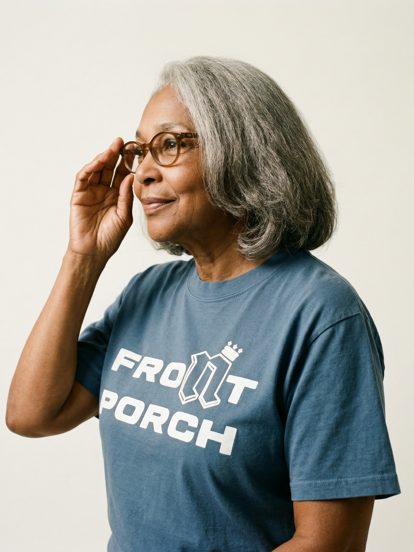 Front Porch Freestyles Blues Tee slate blue worn female model lifestyle music culture