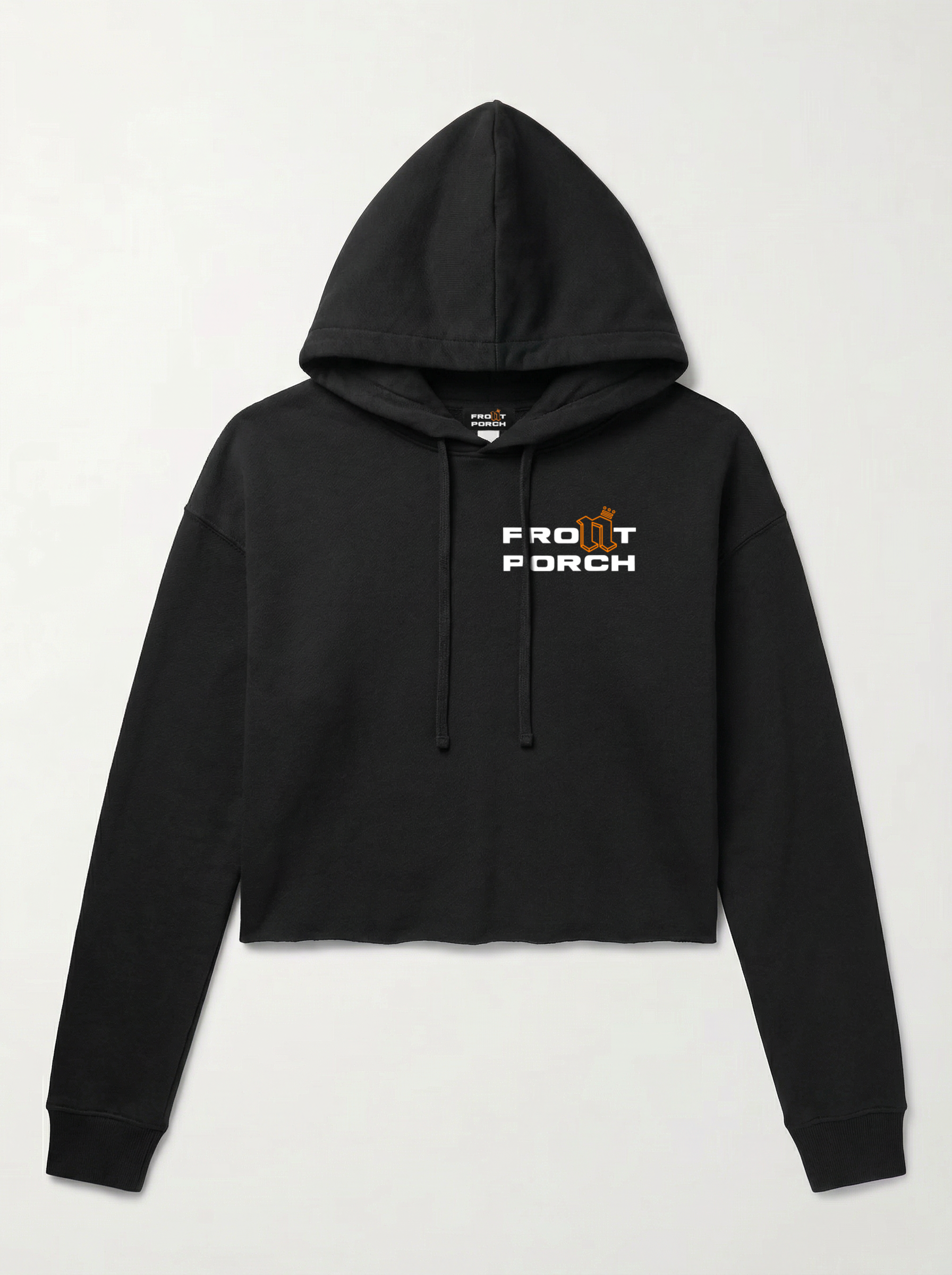 Front Porch Freestyles Ladies OG Cropped Hoodie black printed chest logo womens streetwear DMV hero