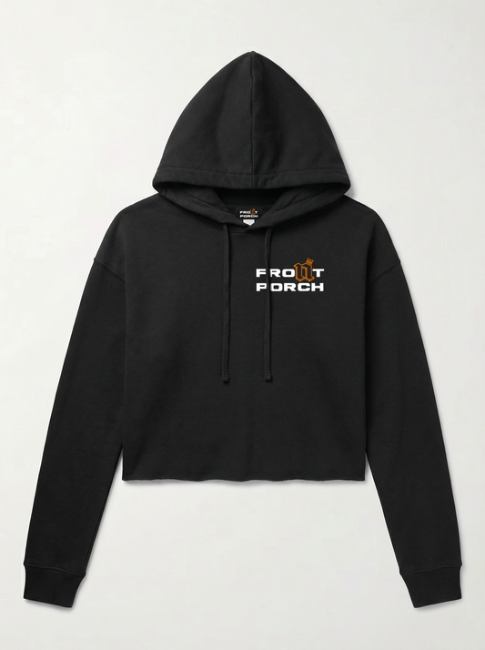 Front Porch Freestyles Ladies OG Cropped Hoodie black printed chest logo womens streetwear DMV hero
