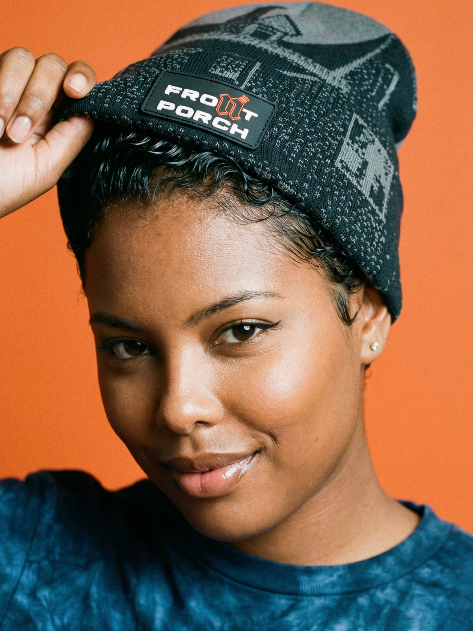 Front Porch Freestyles Live on Set Beanie charcoal black worn female model lifestyle tie dye shirt