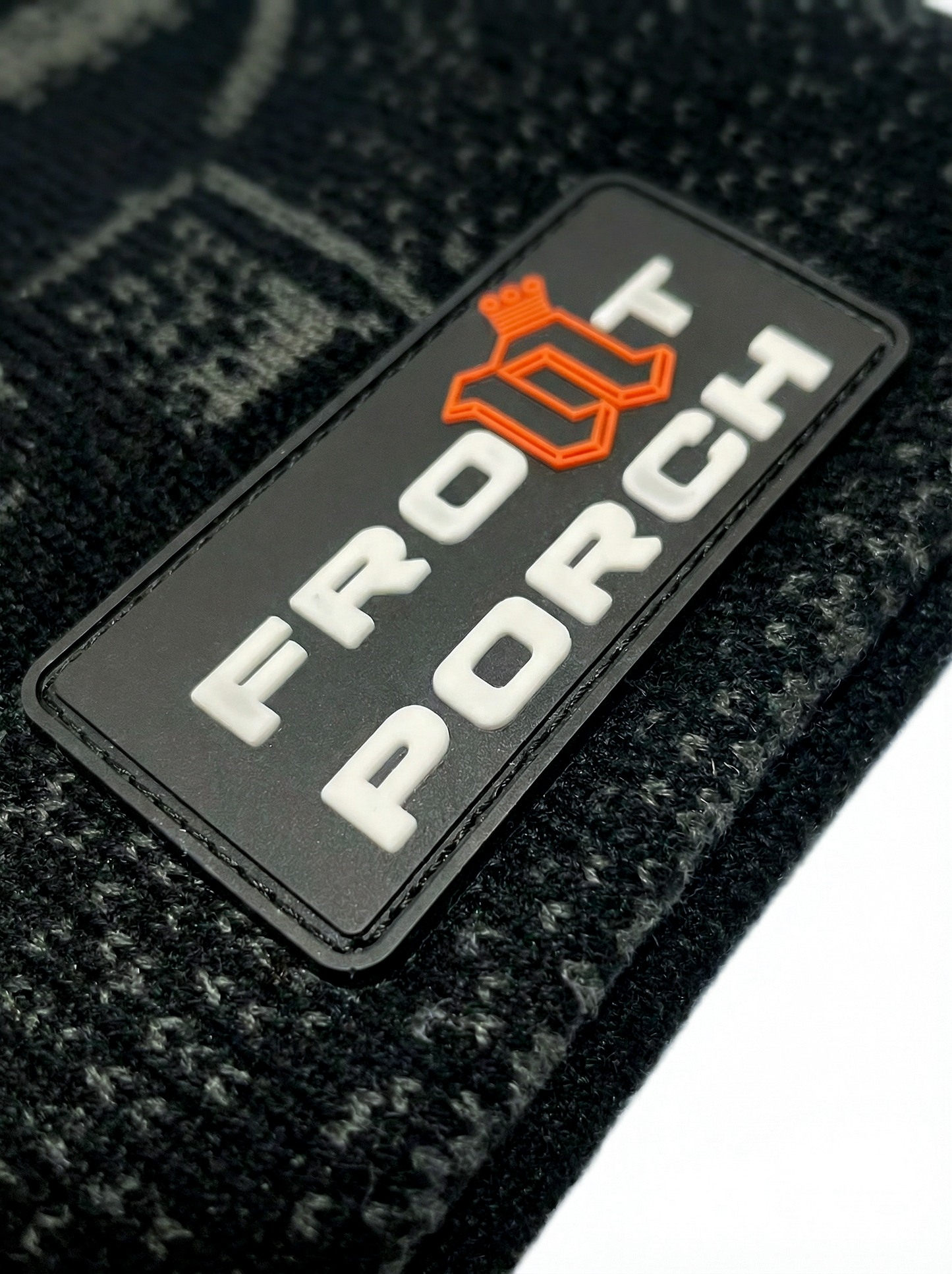 Front Porch Freestyles Live on Set Beanie charcoal black woven patch label close up detail