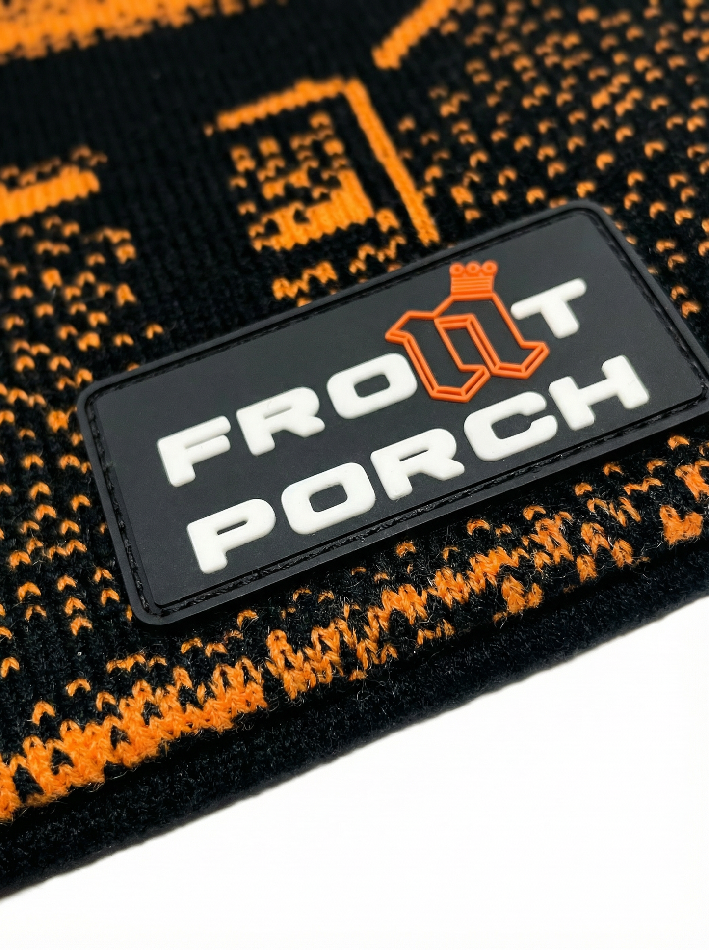 Front Porch Freestyles Live on Set Beanie orange black woven patch label close up detail