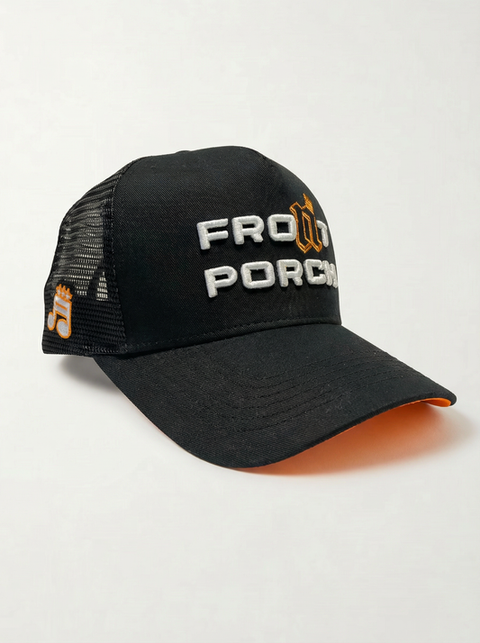 Front Porch Freestyles OG Trucker Hat black 3D puff embroidery orange underbrim limited edition left hero view