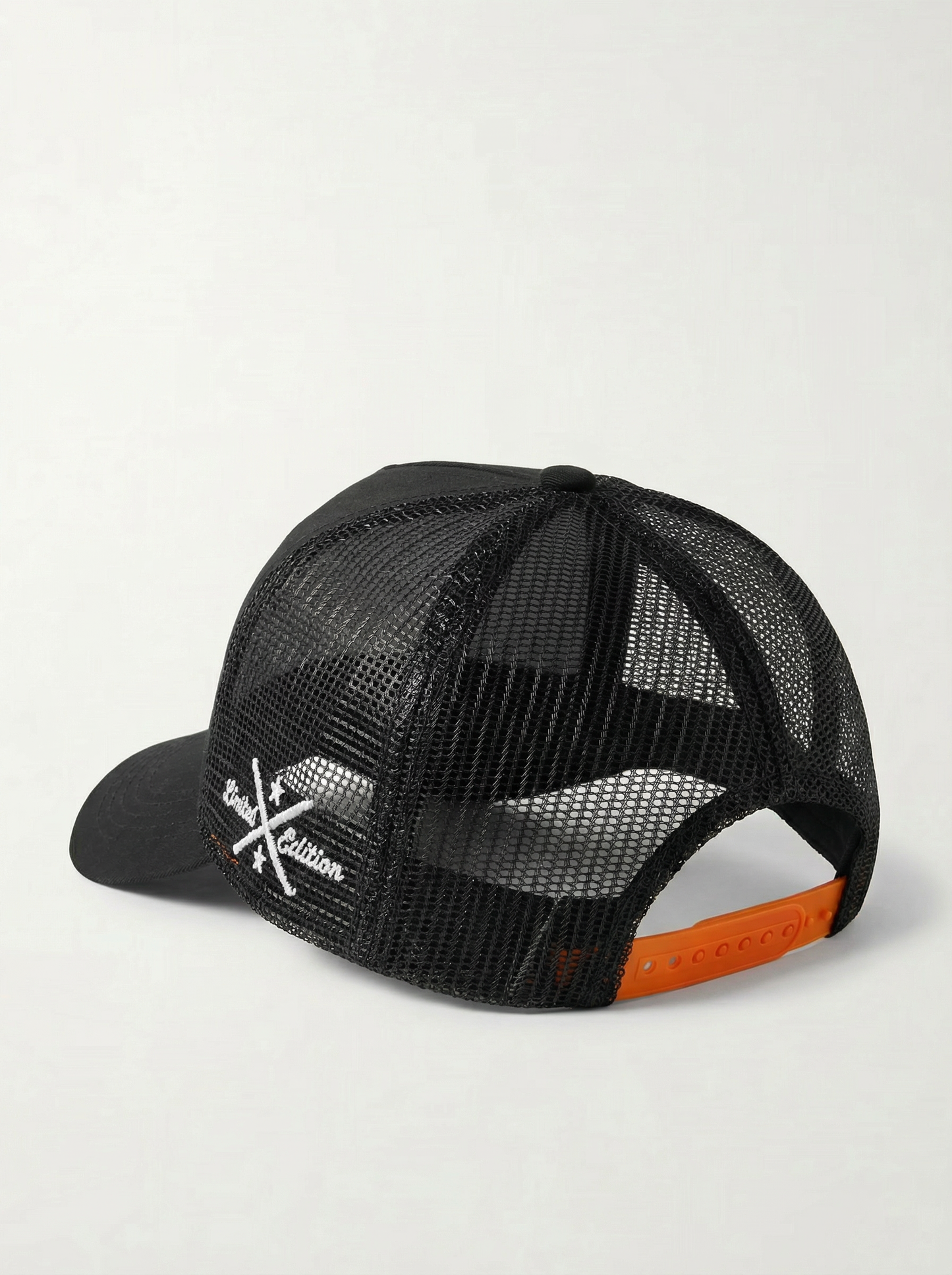 Front Porch Freestyles OG Trucker Hat black orange snapback closure back view