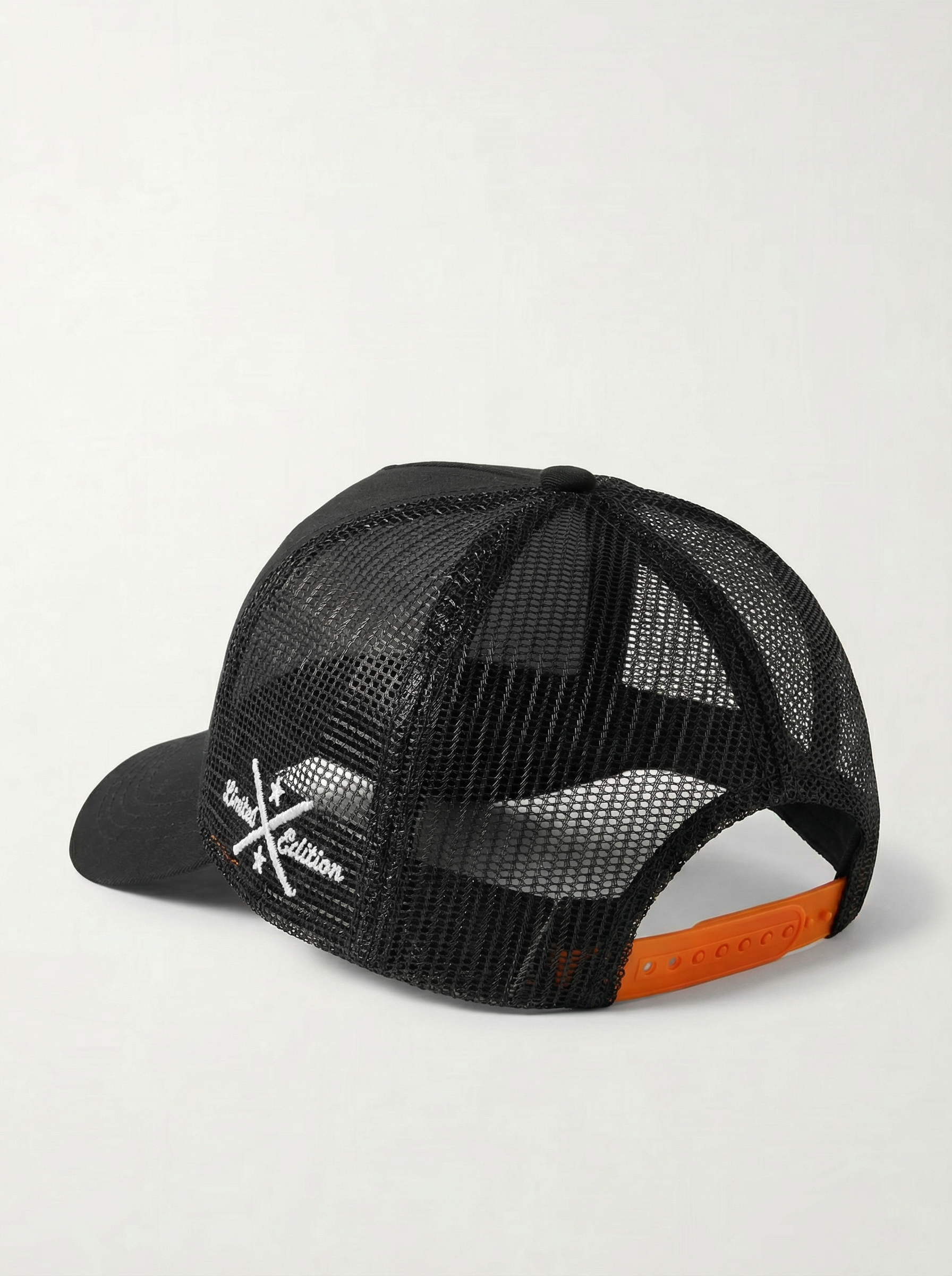 Front Porch Freestyles OG Trucker Hat black orange snapback closure back view