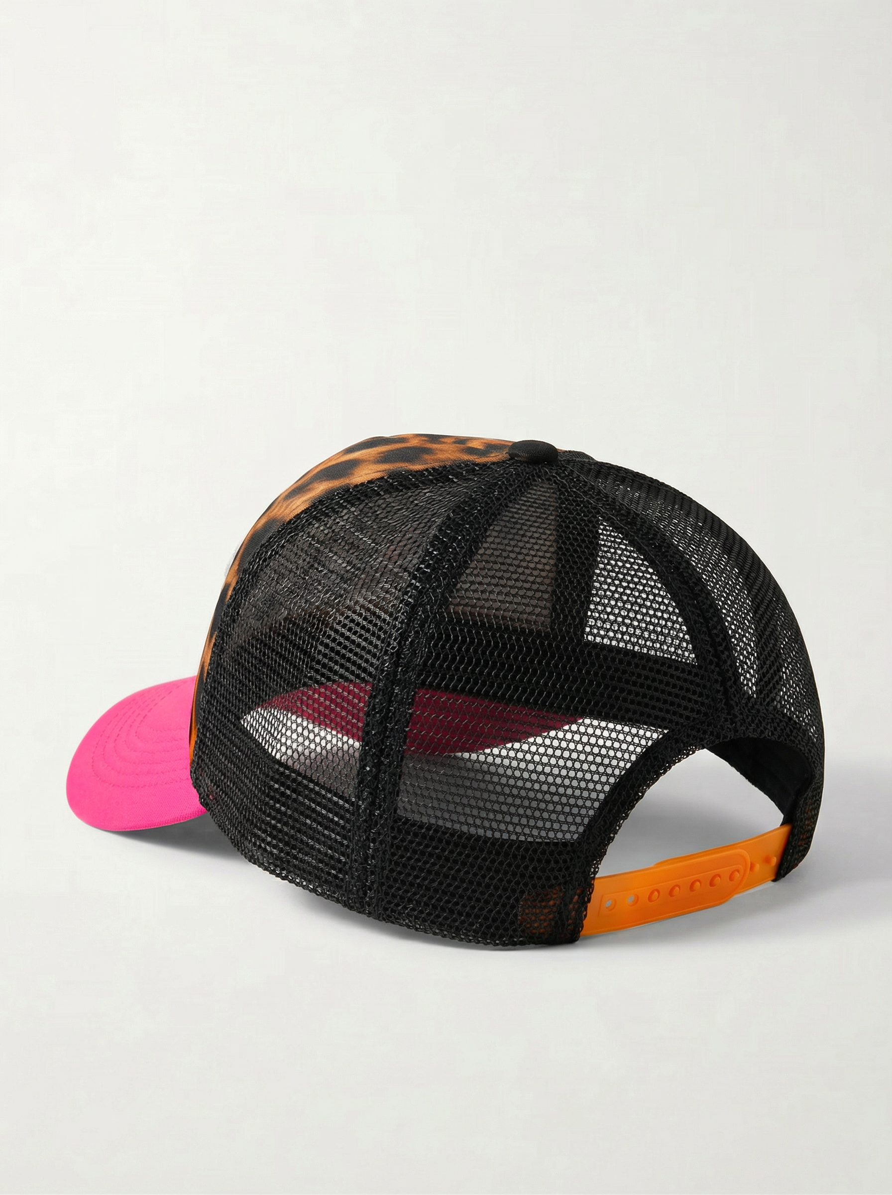 Front Porch Freestyles Performer Trucker Hat cheetah print pink brim mesh back orange snap view