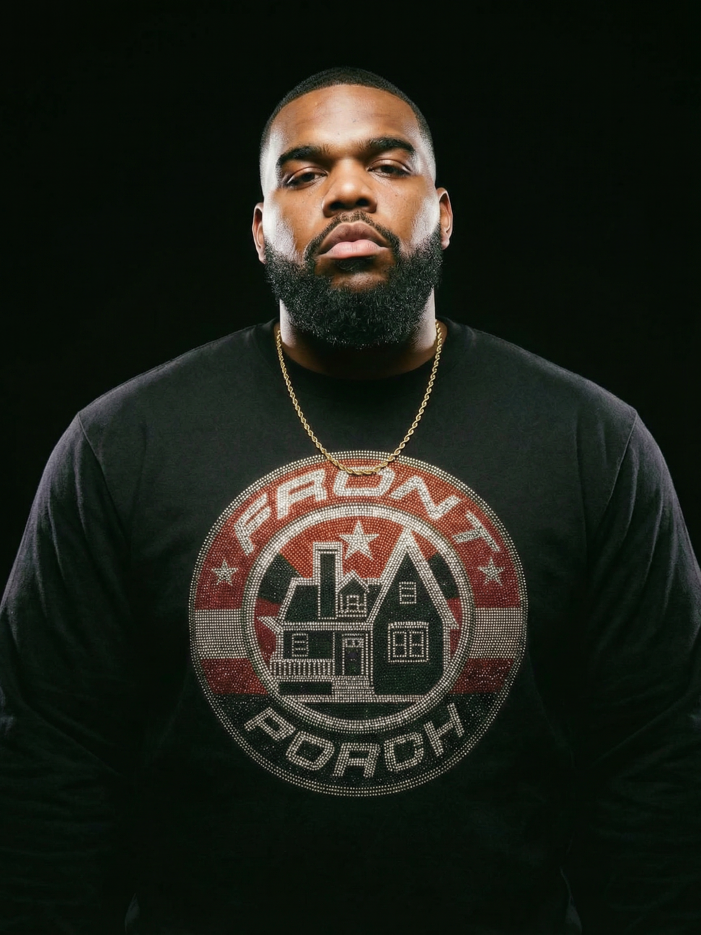 Model wearing Front Porch Freestyles Shining Star black crewneck with rhinestone graphic detail