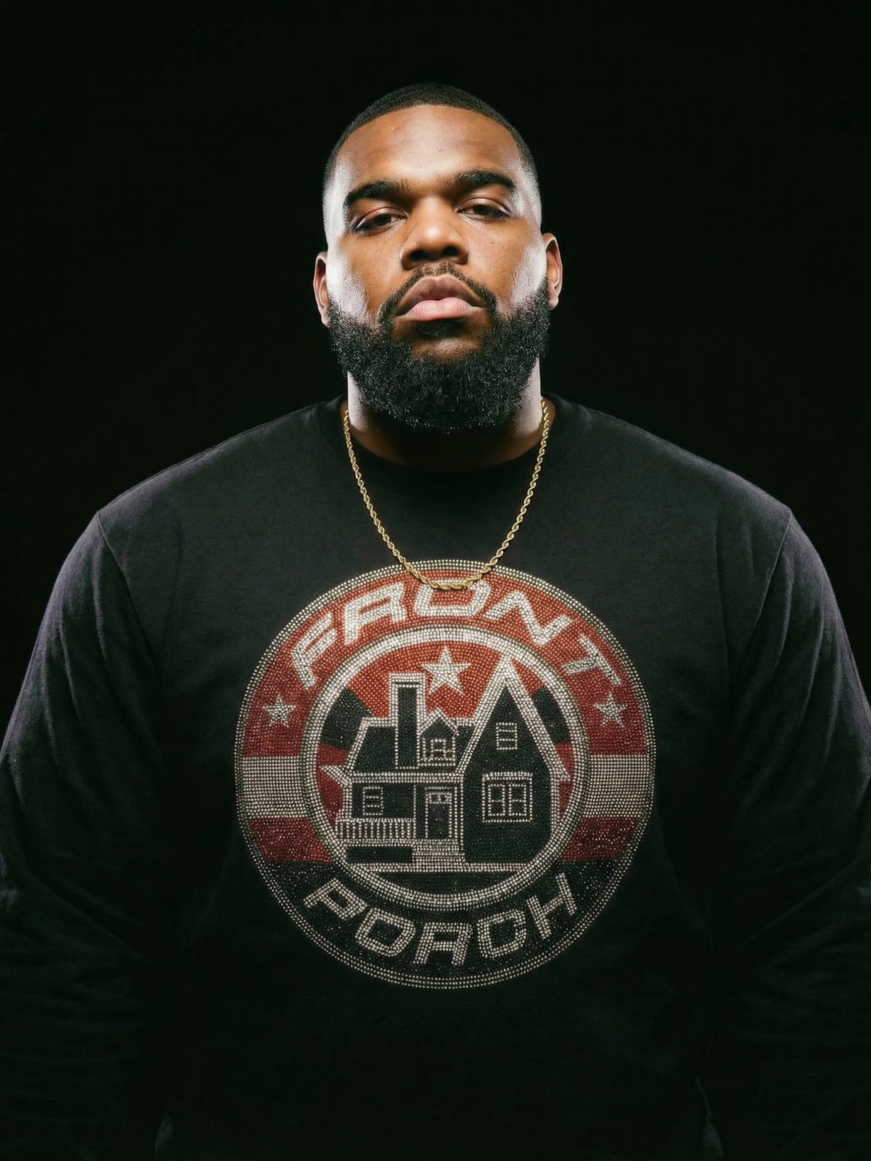 Model wearing Front Porch Freestyles Shining Star black crewneck with rhinestone graphic detail