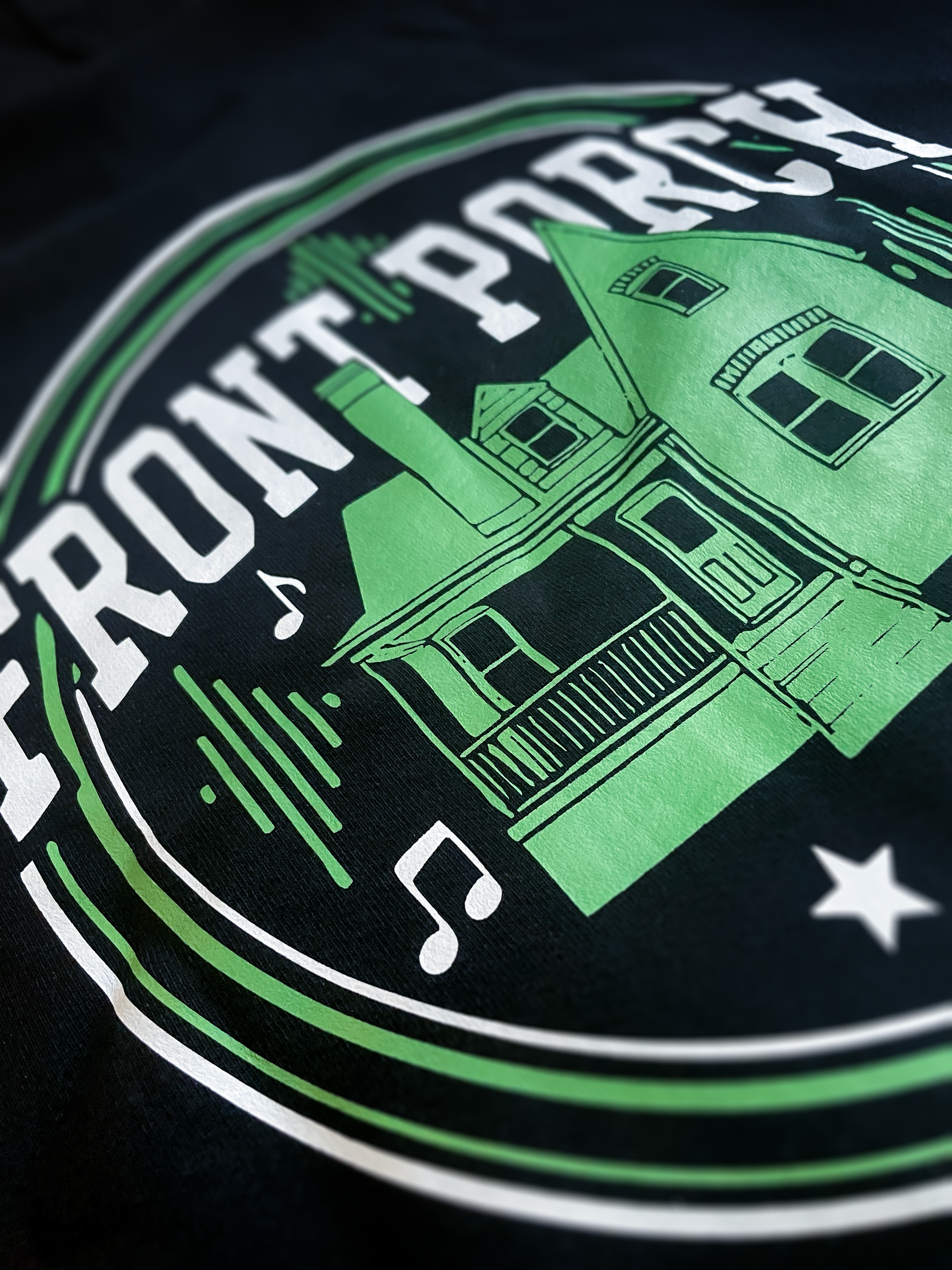 Front Porch Freestyles Soundwave Hoodie black green soundwave house graphic close up detail