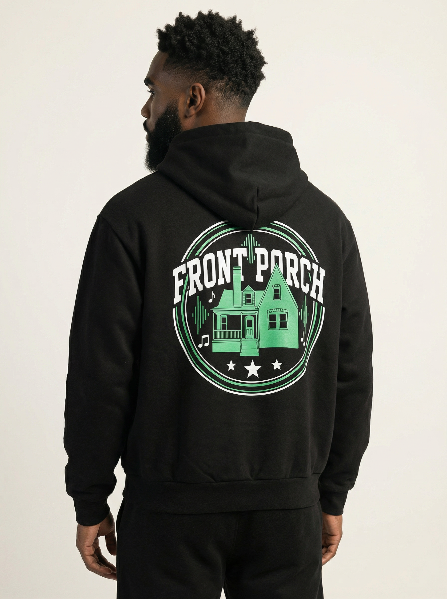 Front Porch Freestyles Soundwave Hoodie black green house crest graphic male model back view