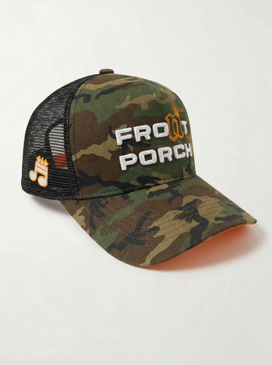 Front Porch Freestyles Supporter camo trucker hat with white and orange 3-D puff embroidery and orange underbrim