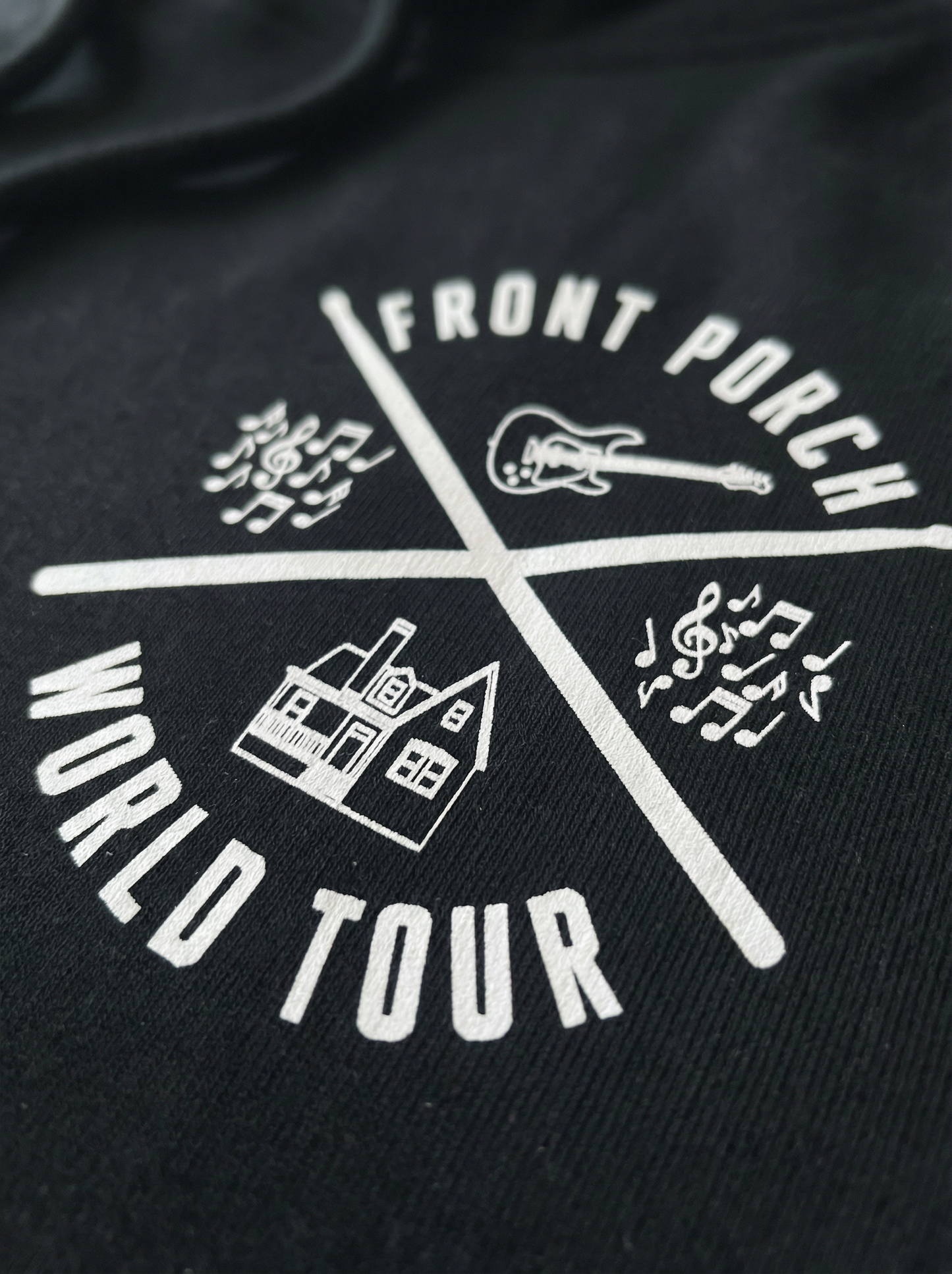 Front Porch Freestyles World Tour Hoodie black crossed drumsticks guitar house World Tour graphic detail